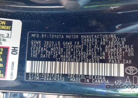 2015 Toyota Corolla S Plus из США, поврежденный, VIN 2T1BURHE6FC386925